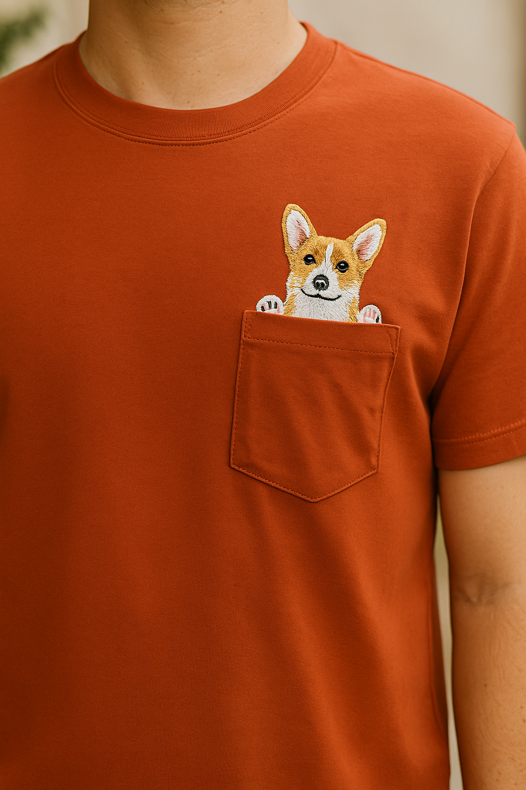 Person wearing a brown t-shirt with a corgi design on the chest pocket.
